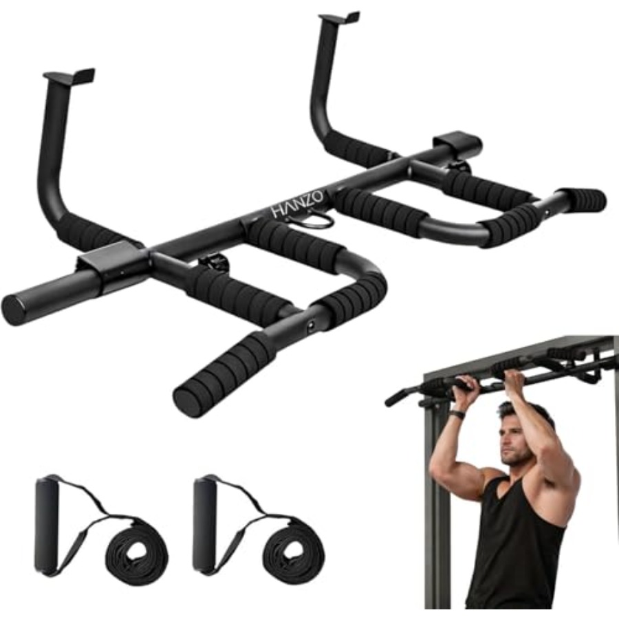 Home Gym Pull Up Bar - مجموعة قضبان سحب للباب مع أحزمة